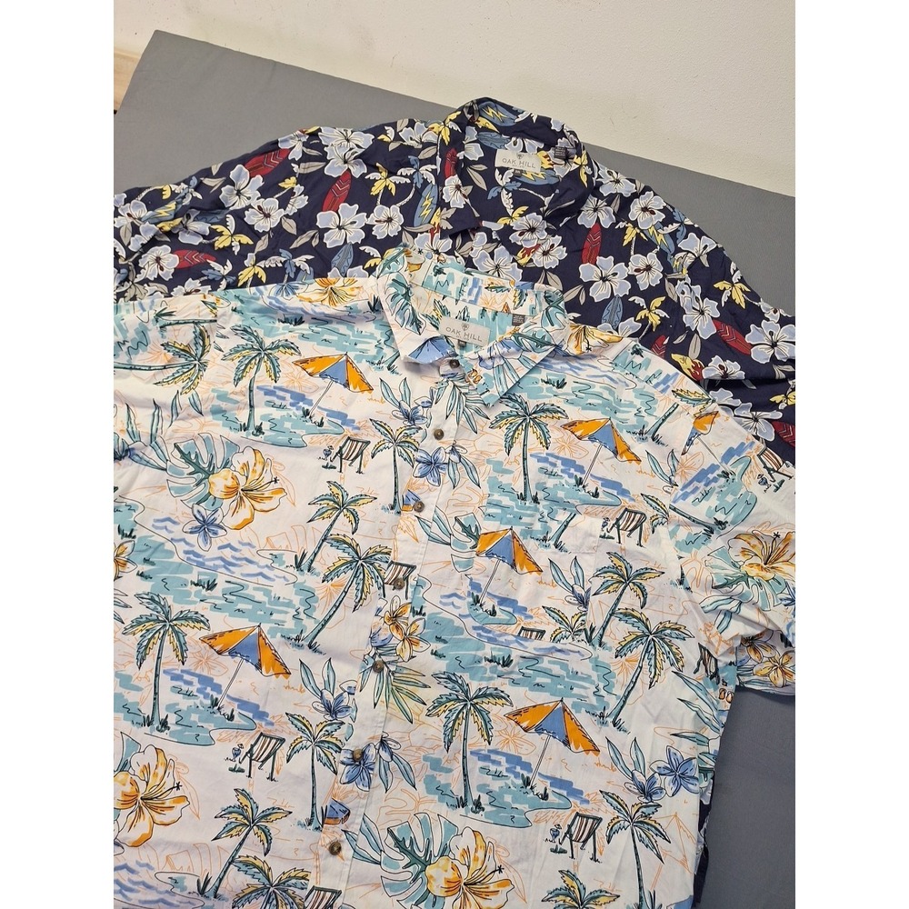2 Oak Hill Men's‎ Shirt 3XL Hawaiian Short Sleeve Blue White Floral Beach Palms